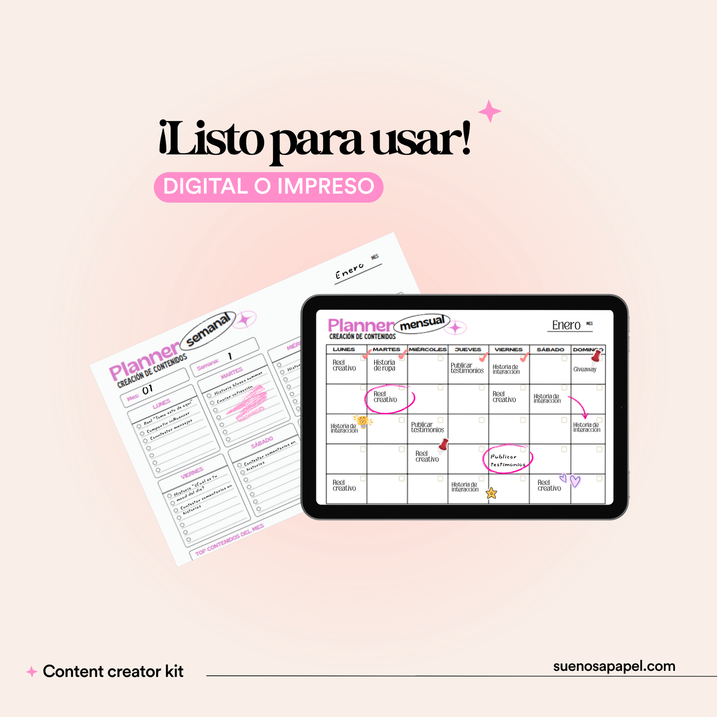 CONTENT CREATOR KIT: Plantilla de Planner Mensual y Semanal de Creación de Contenidos