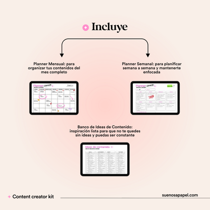CONTENT CREATOR KIT: Plantilla de Planner Mensual y Semanal de Creación de Contenidos